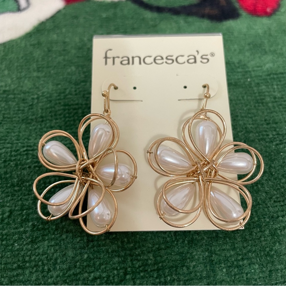 Francesca's Collections Gold Floral Pearl Drop Earrings - Petal Design